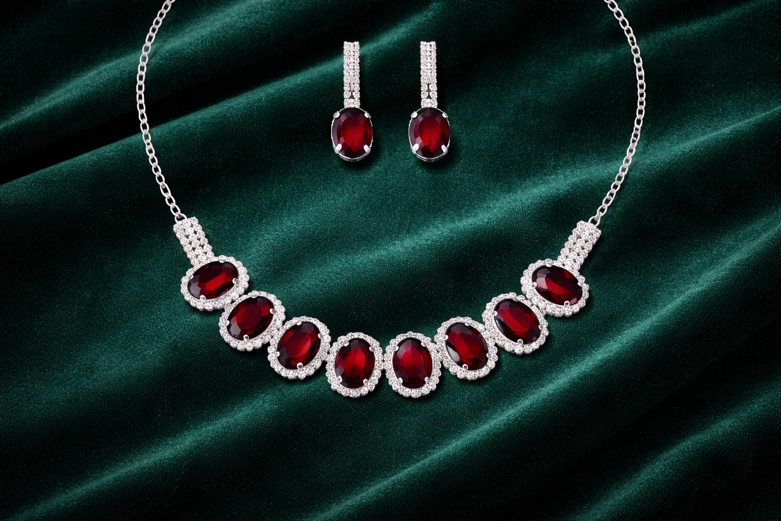 Red Stone AD Necklace Set with Oval Halo Design and Earrings