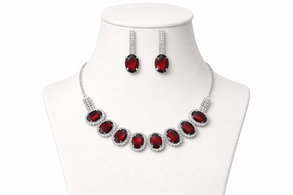 Red Stone AD Necklace Set with Oval Halo Design and Earrings