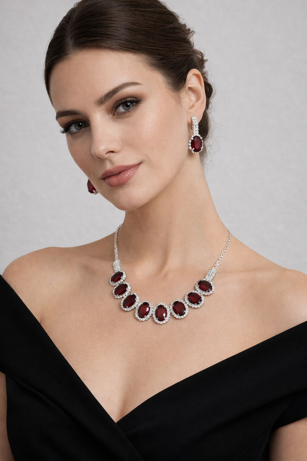 Red Stone AD Necklace Set with Oval Halo Design and Earrings