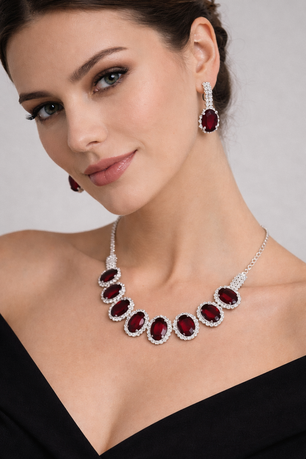 Red Stone AD Necklace Set with Oval Halo Design and Earrings