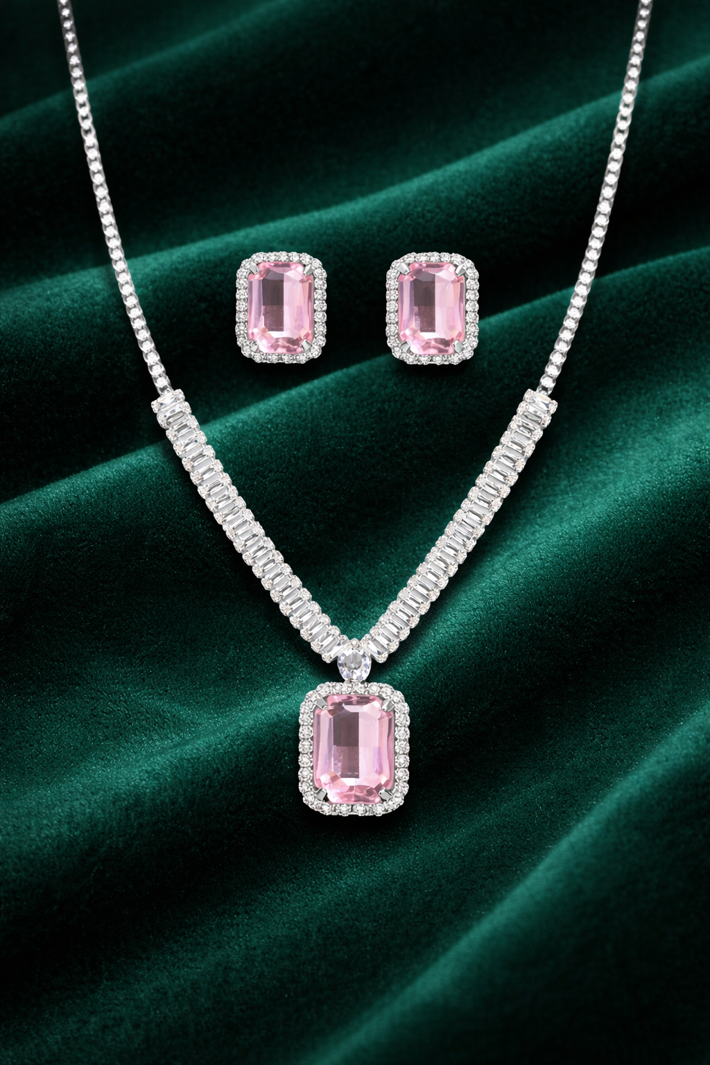 Pink Stone AD Pendant Necklace Set with Baguette Chain and Stud Earrings