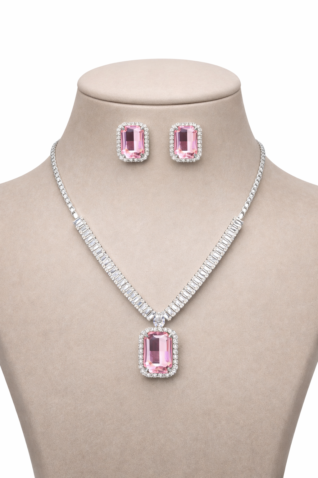 Pink Stone AD Pendant Necklace Set with Baguette Chain and Stud Earrings