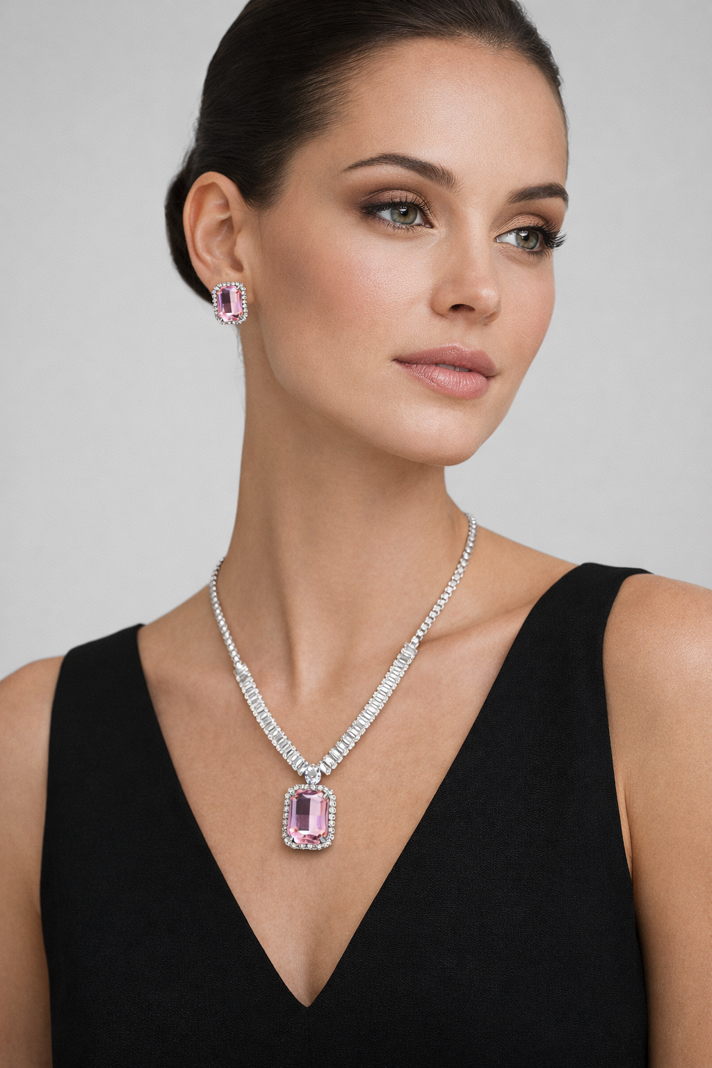 Pink Stone AD Pendant Necklace Set with Baguette Chain and Stud Earrings