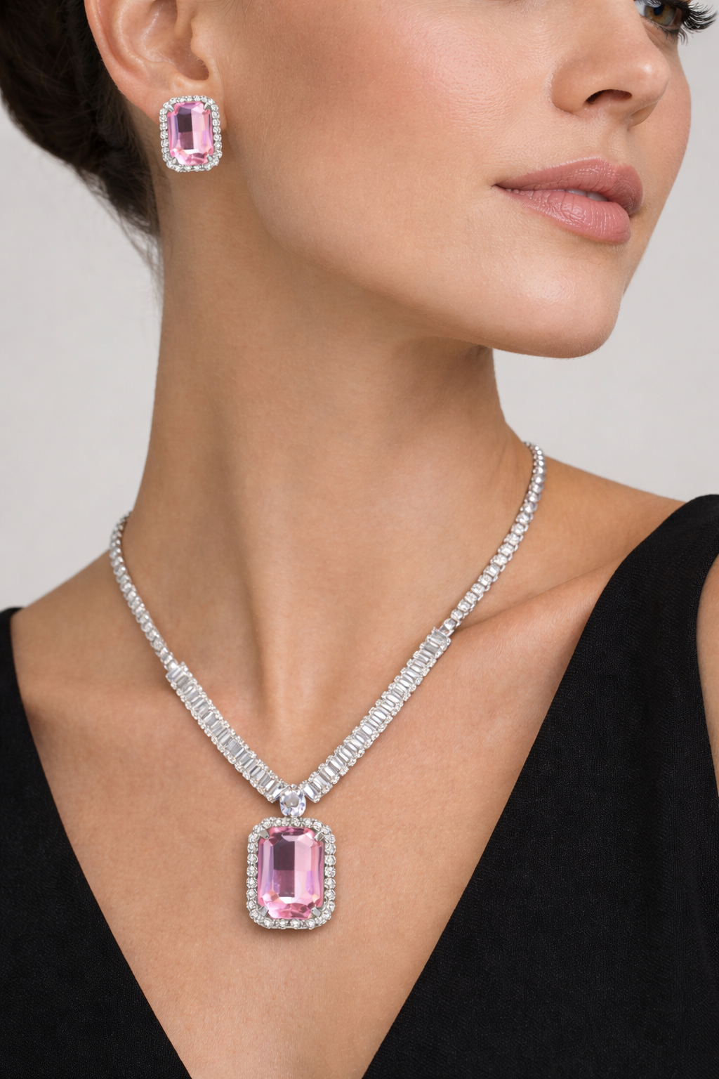 Pink Stone AD Pendant Necklace Set with Baguette Chain and Stud Earrings