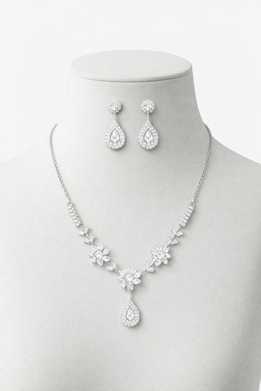 Silver Floral Necklace Set with Teardrop Crystal Pendant