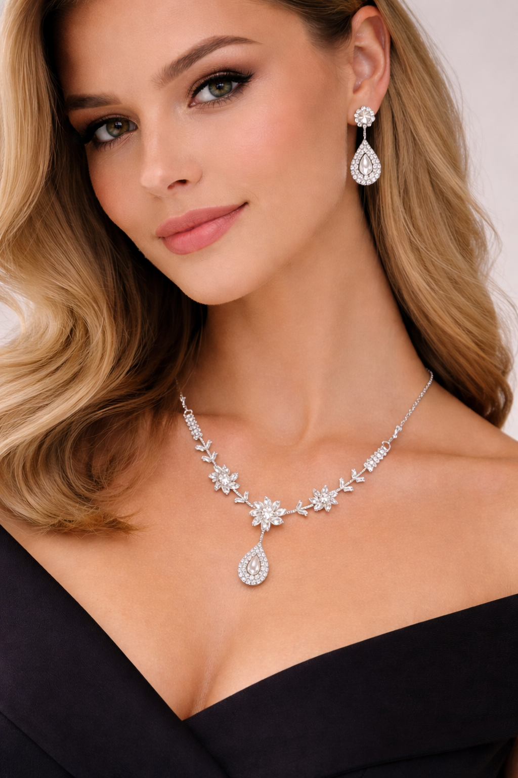 Silver Floral Necklace Set with Teardrop Crystal Pendant