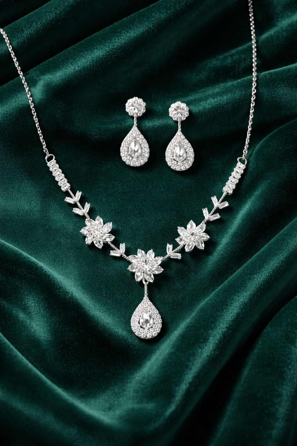 Silver Floral Necklace Set with Teardrop Crystal Pendant