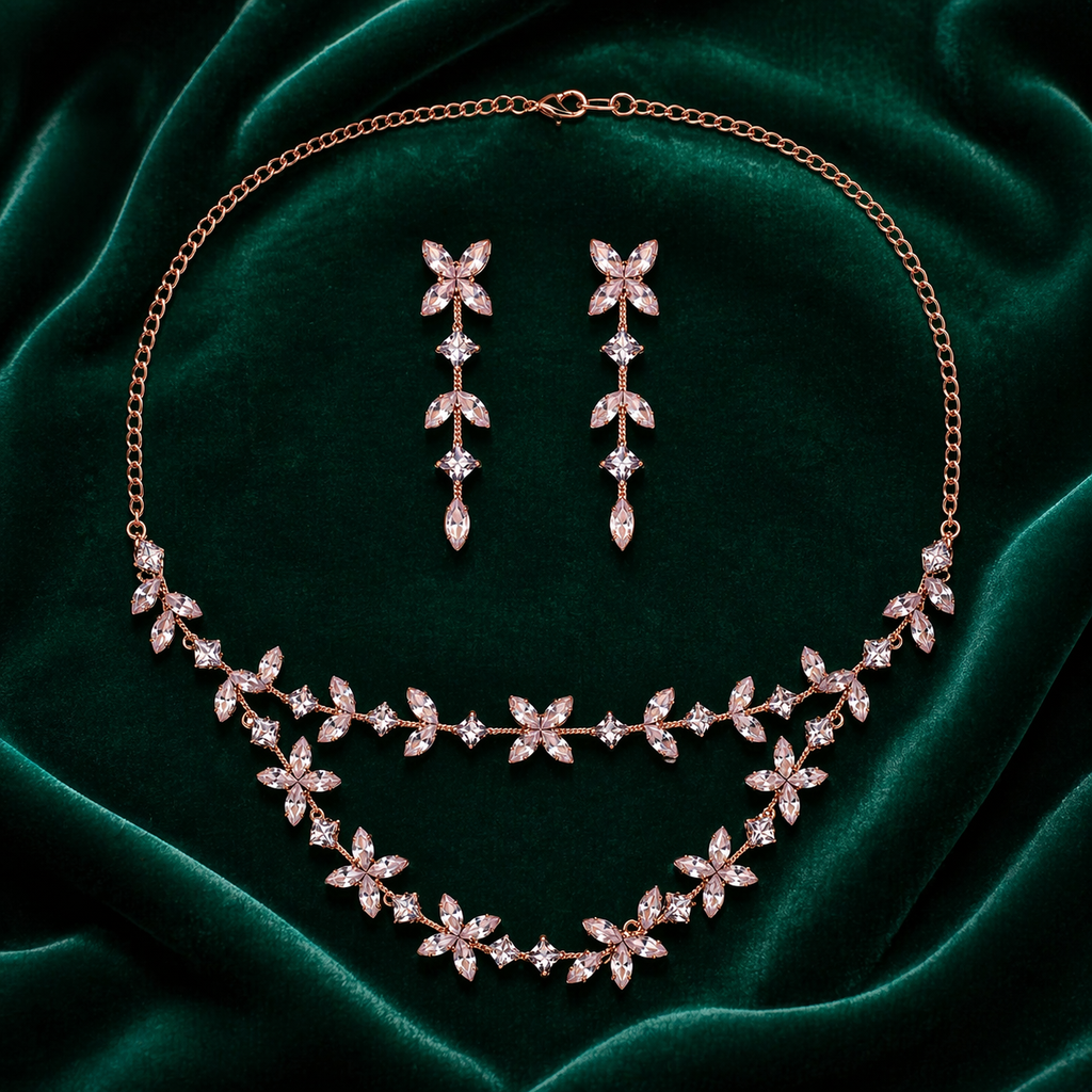 Rose Gold Floral Necklace Set with Long Drop Earrings