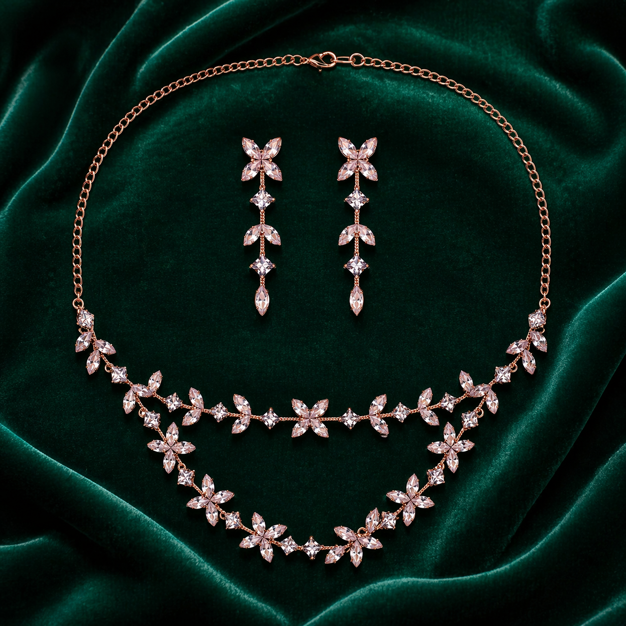 Rose Gold Floral Necklace Set with Long Drop Earrings