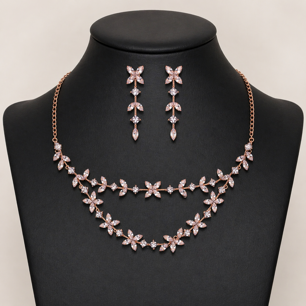 Rose Gold Floral Necklace Set with Long Drop Earrings