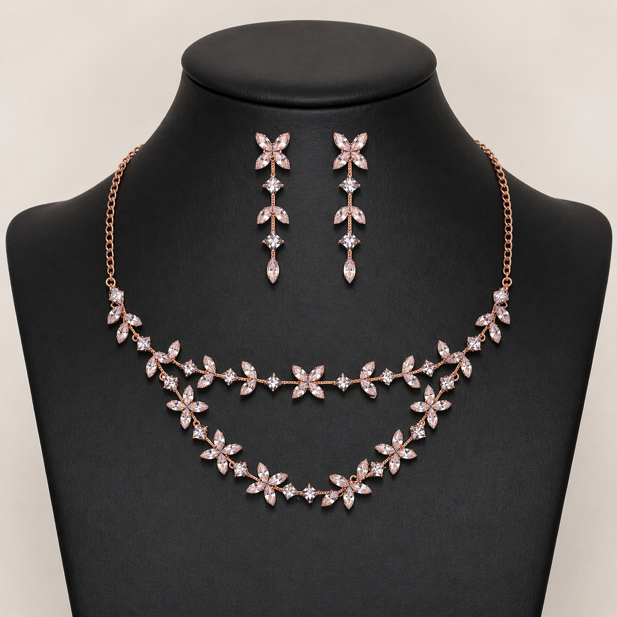 Rose Gold Floral Necklace Set with Long Drop Earrings
