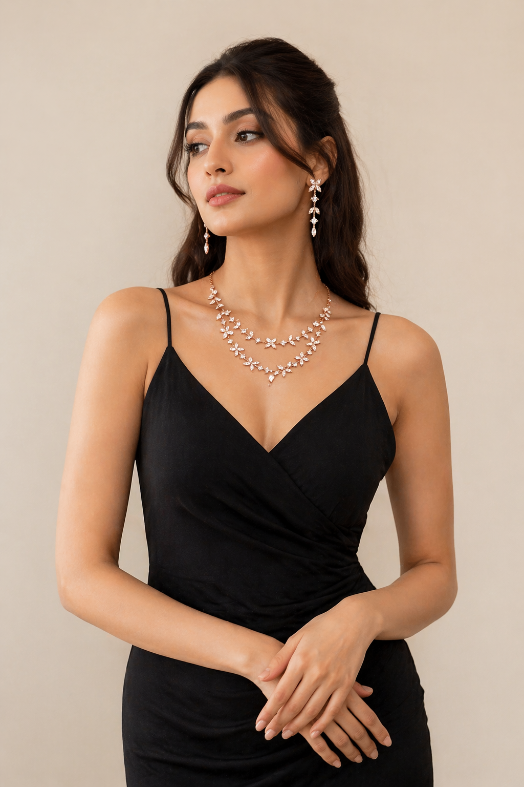 Rose Gold Floral Necklace Set with Long Drop Earrings