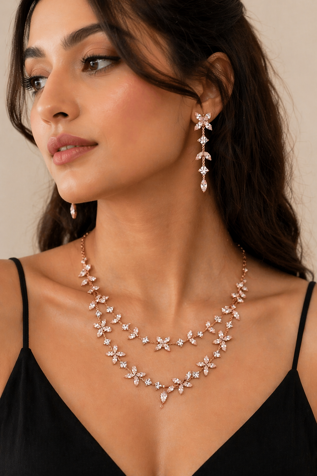 Rose Gold Floral Necklace Set with Long Drop Earrings