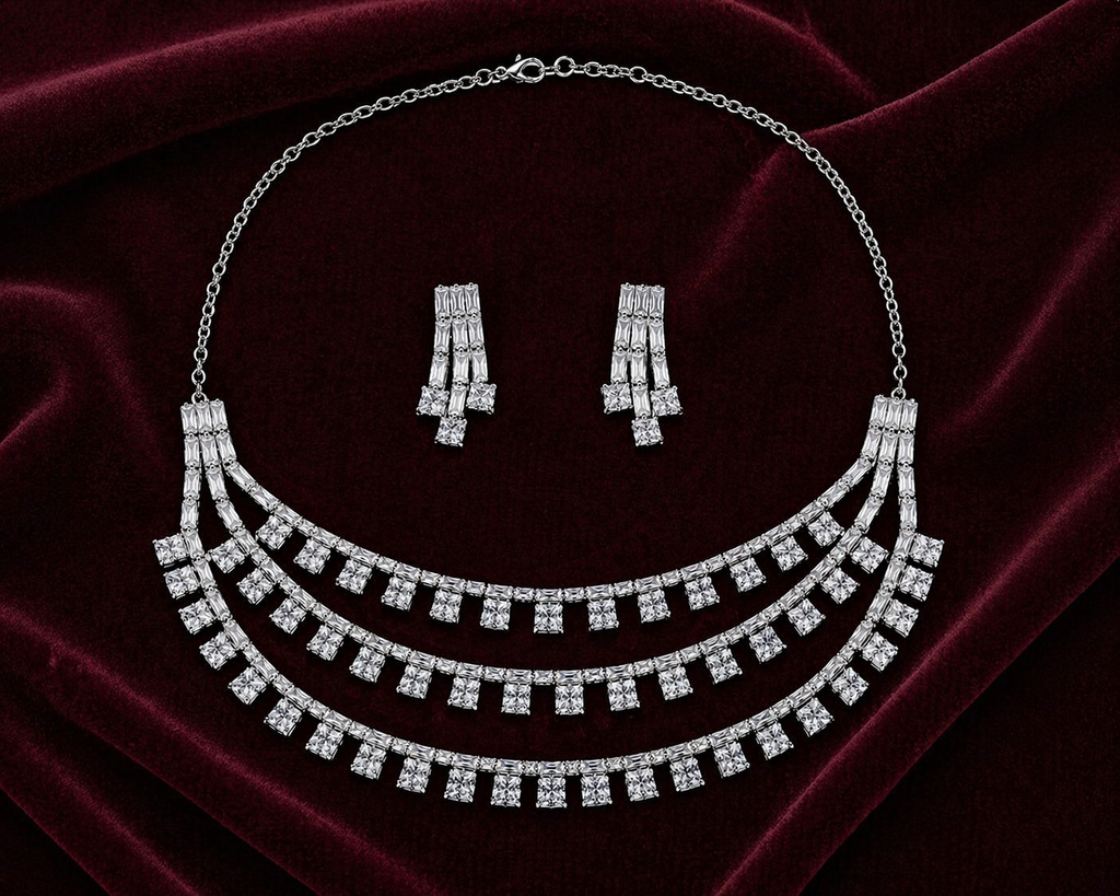 Layered Crystal Fringe Necklace Set with Drop Earrings