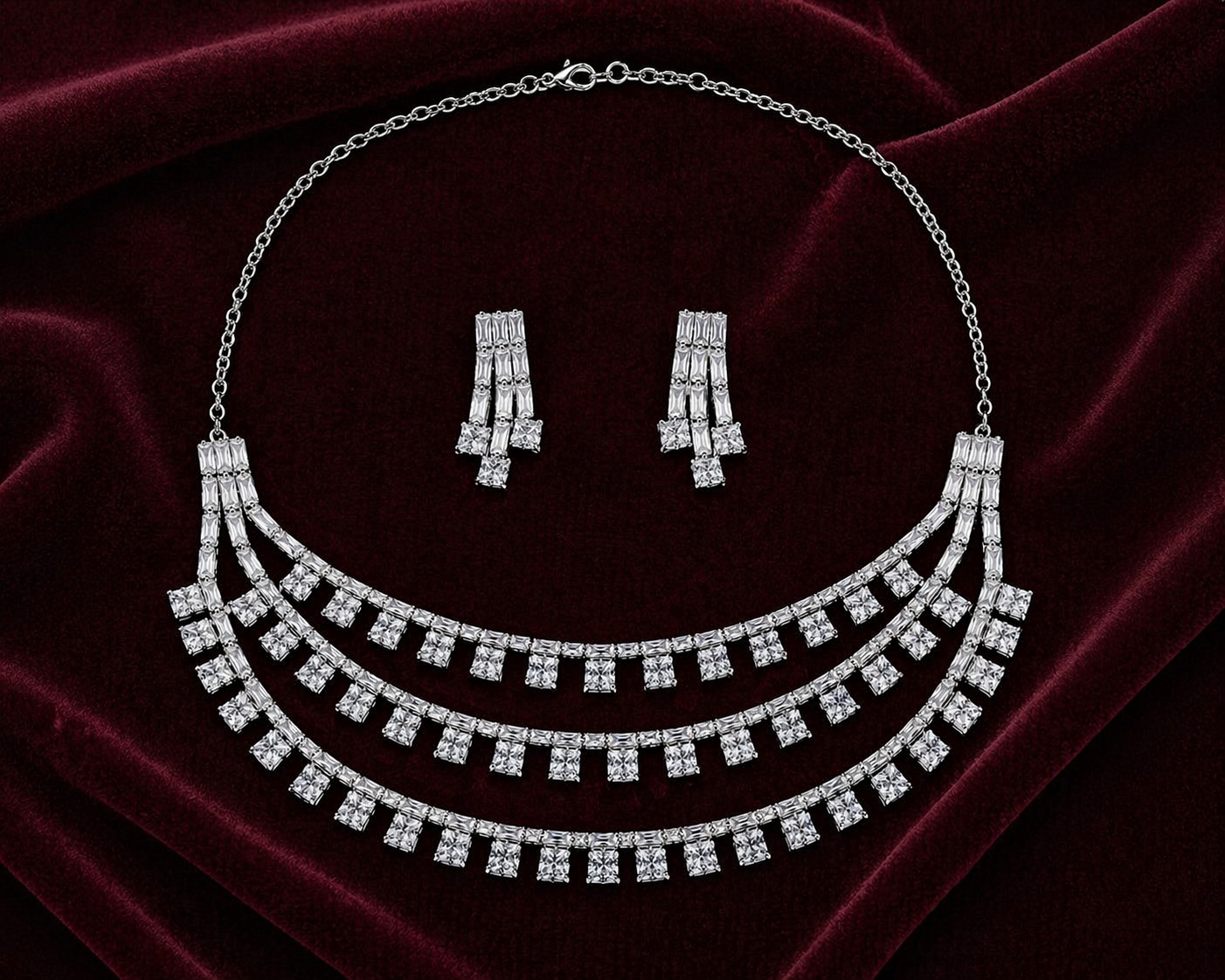 Layered Crystal Fringe Necklace Set with Drop Earrings
