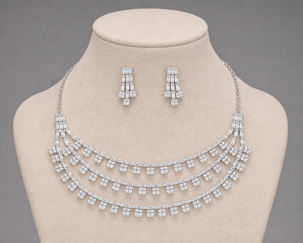 Layered Crystal Fringe Necklace Set with Drop Earrings