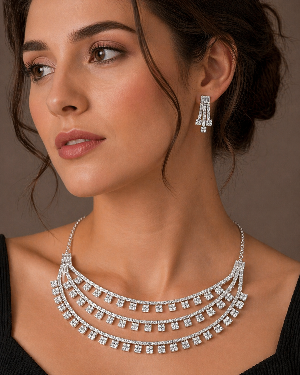 Layered Crystal Fringe Necklace Set with Drop Earrings