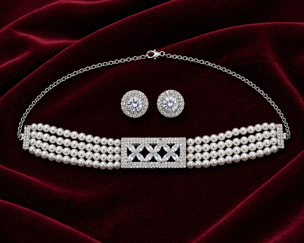 Pearl Choker Necklace Set with Floral AD Centerpiece