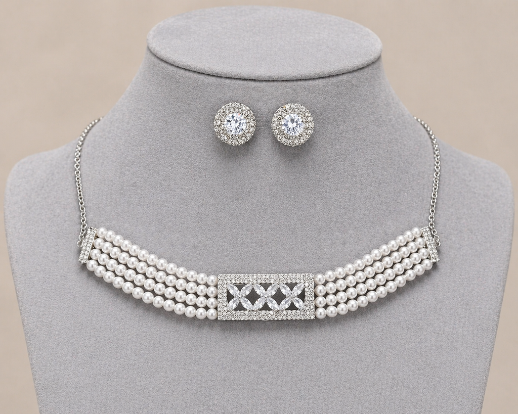 Pearl Choker Necklace Set with Floral AD Centerpiece