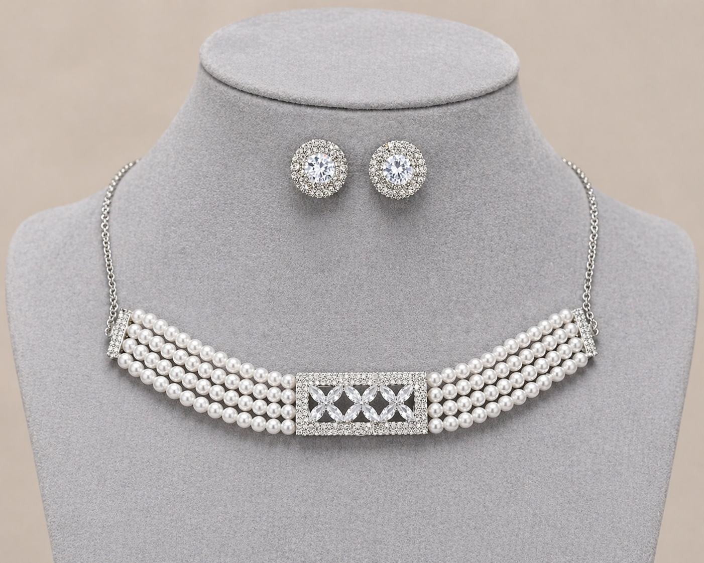 Pearl Choker Necklace Set with Floral AD Centerpiece