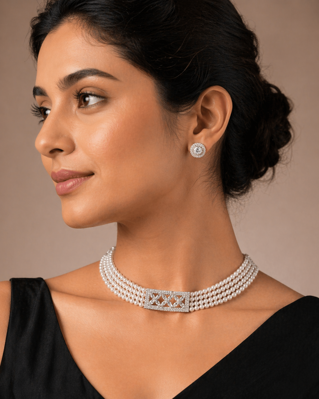 Pearl Choker Necklace Set with Floral AD Centerpiece