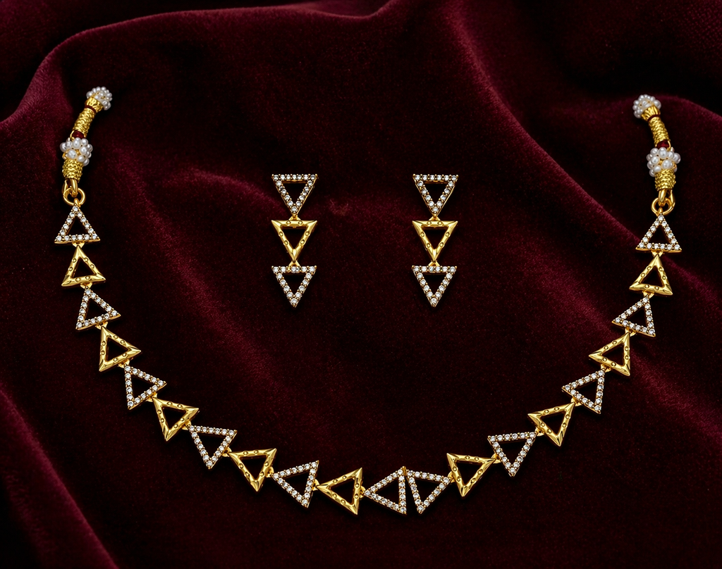 Geometric Triangle Gold Necklace Set with Drop Earrings