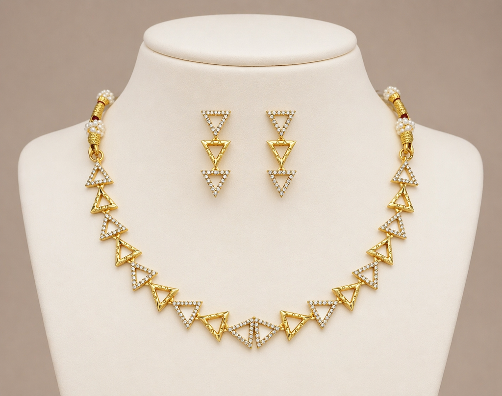 Geometric Triangle Gold Necklace Set with Drop Earrings