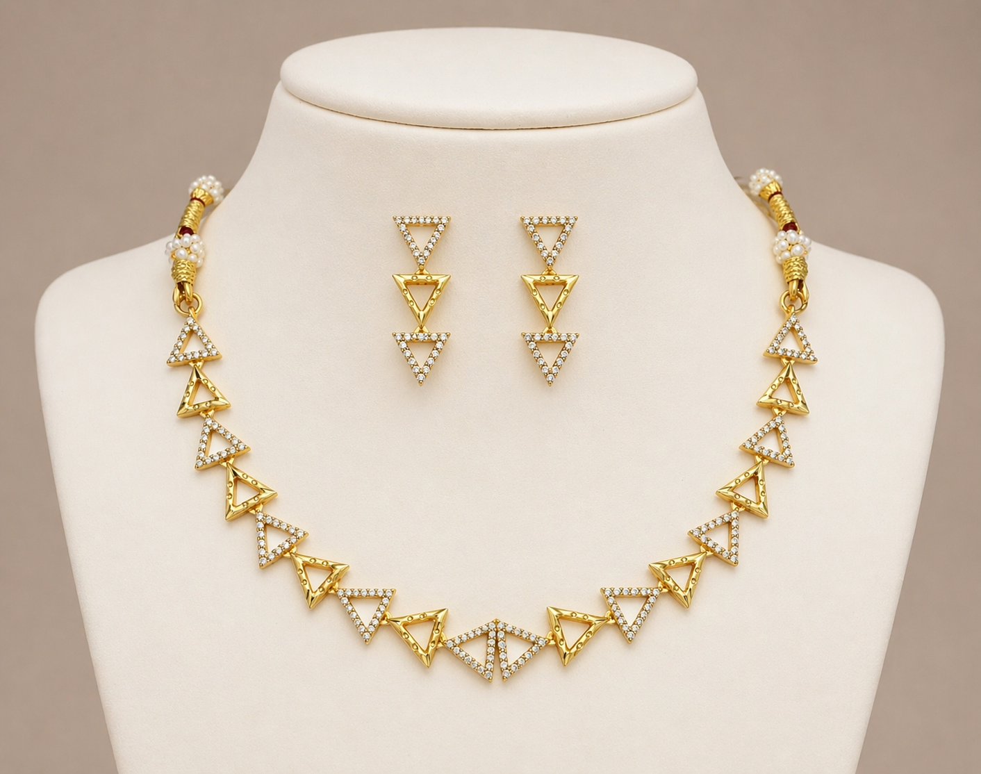 Geometric Triangle Gold Necklace Set with Drop Earrings
