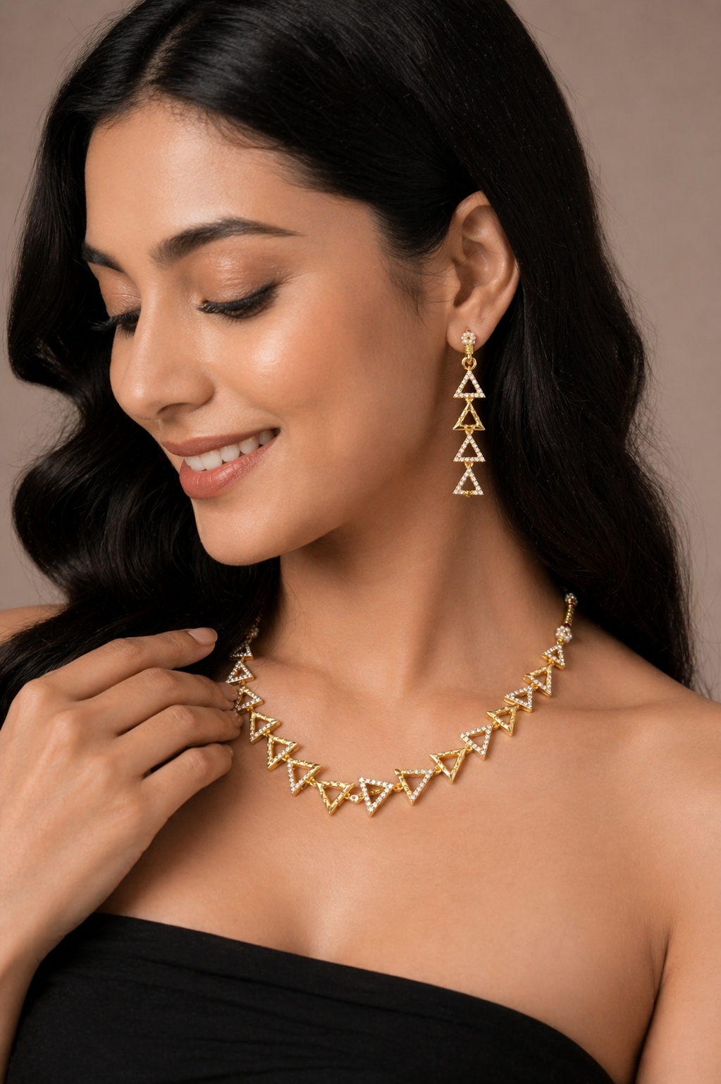 Geometric Triangle Gold Necklace Set with Drop Earrings