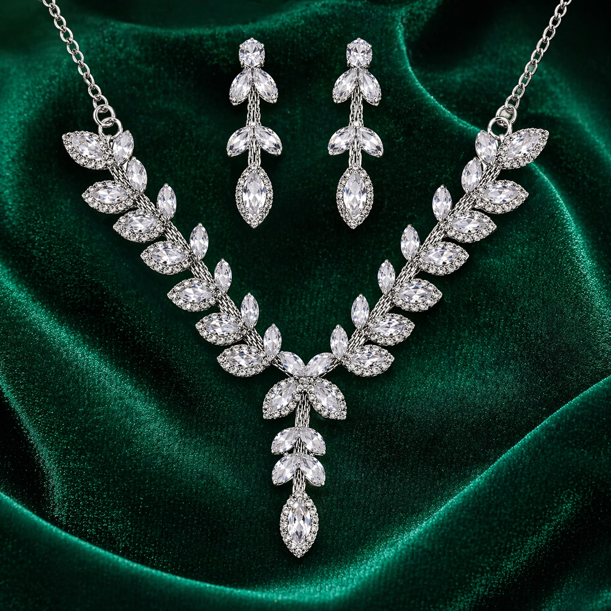 Silver Leaf Design Necklace Set with Drop Earrings