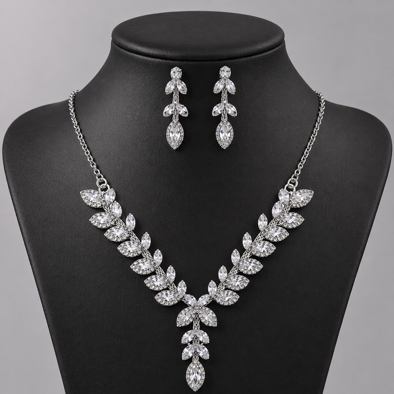 Silver Leaf Design Necklace Set with Drop Earrings