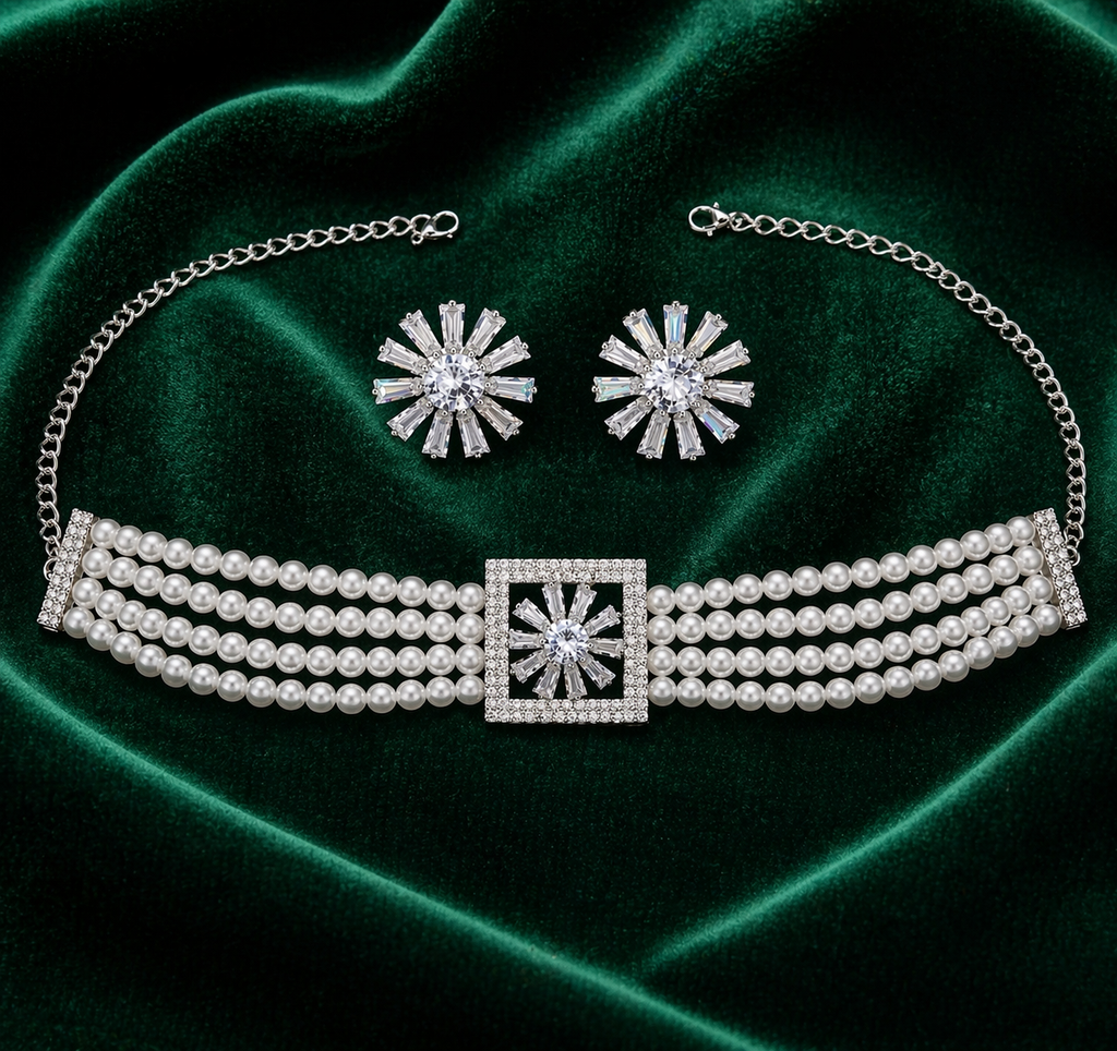 Pearl Choker Necklace Set with AD Stone Earrings