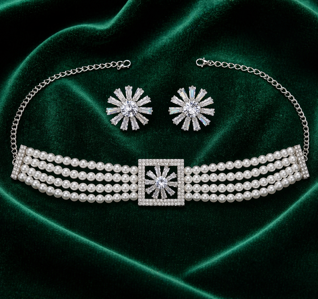 Pearl Choker Necklace Set with AD Stone Earrings