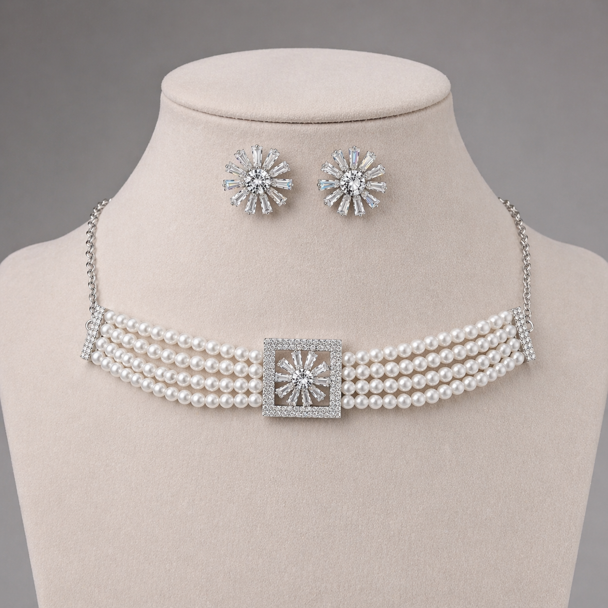 Pearl Choker Necklace Set with AD Stone Earrings