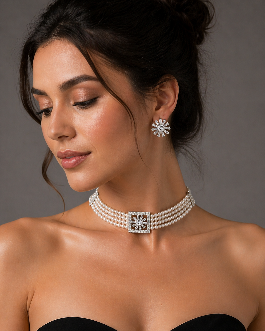 Pearl Choker Necklace Set with AD Stone Earrings