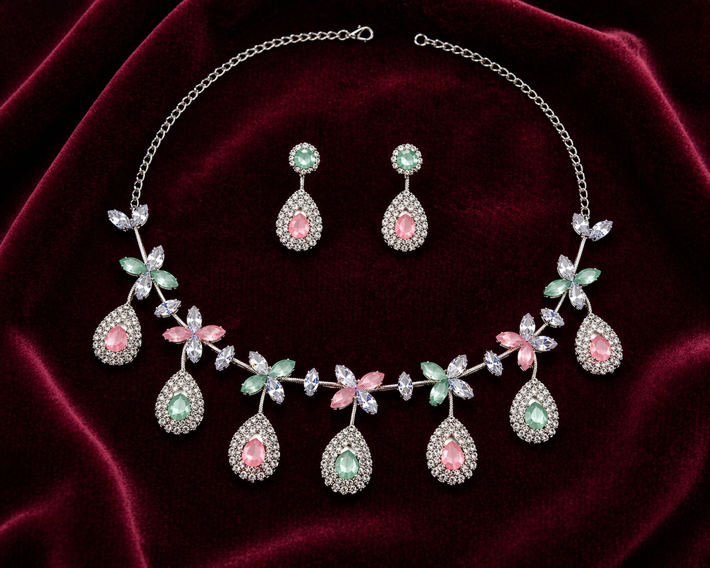 Pastel Floral Drop Necklace Set with Teardrop Earrings