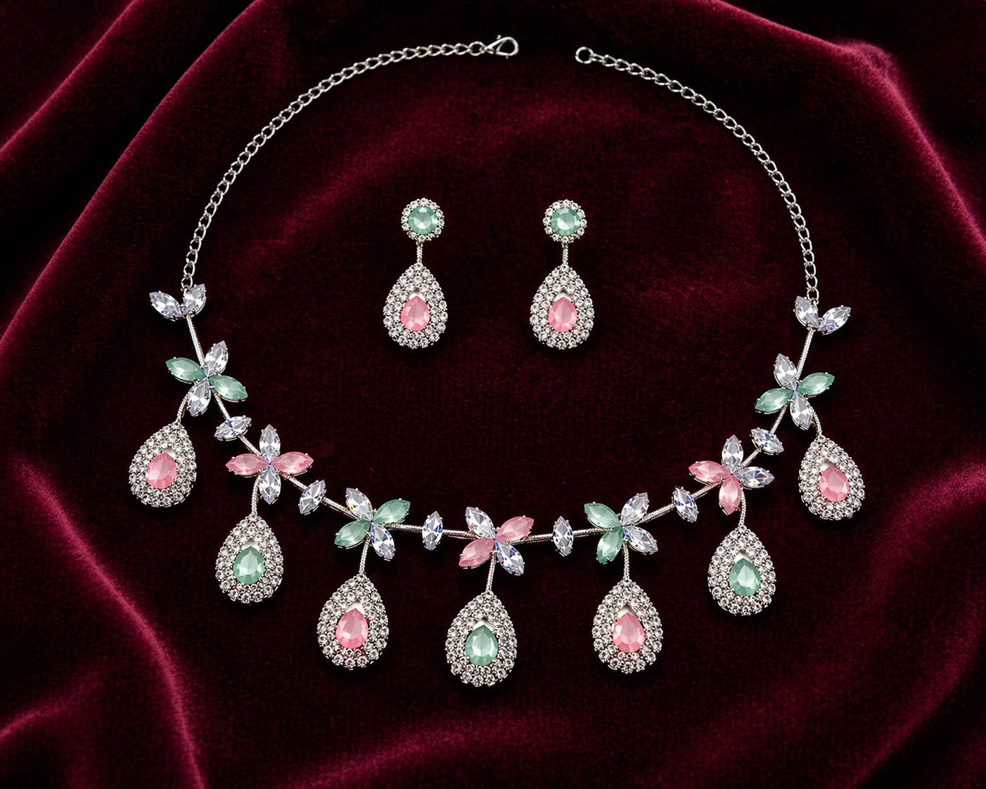 Pastel Floral Drop Necklace Set with Teardrop Earrings