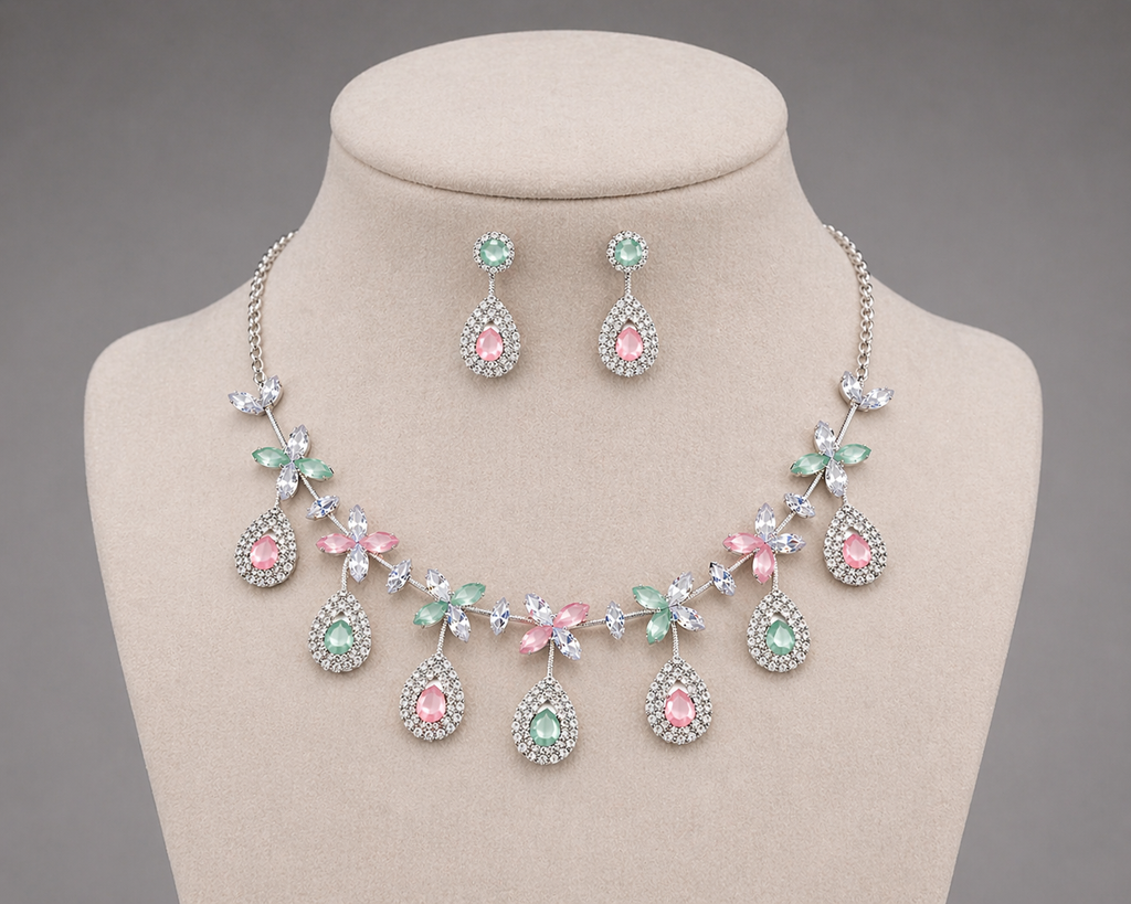 Pastel Floral Drop Necklace Set with Teardrop Earrings
