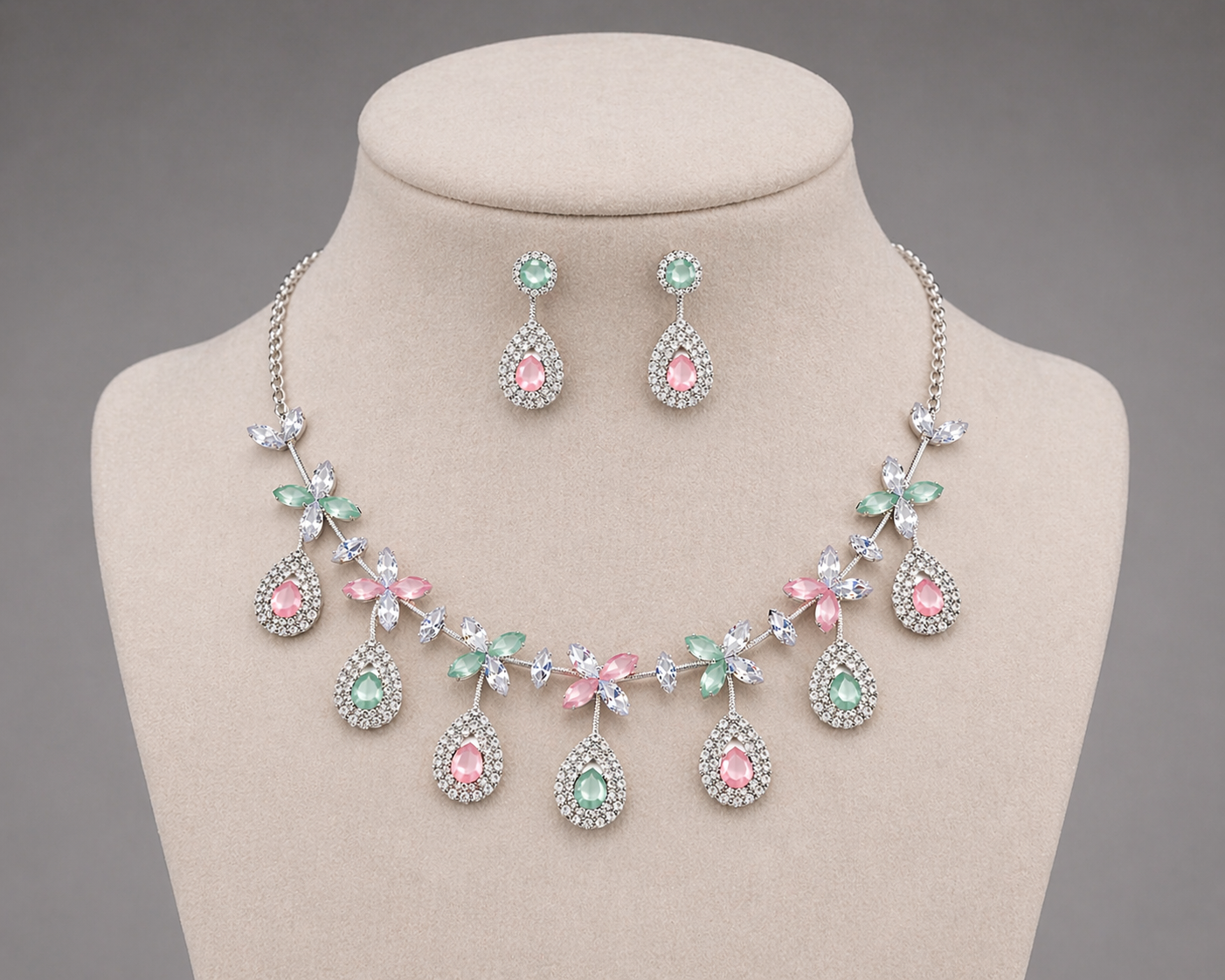 Pastel Floral Drop Necklace Set with Teardrop Earrings