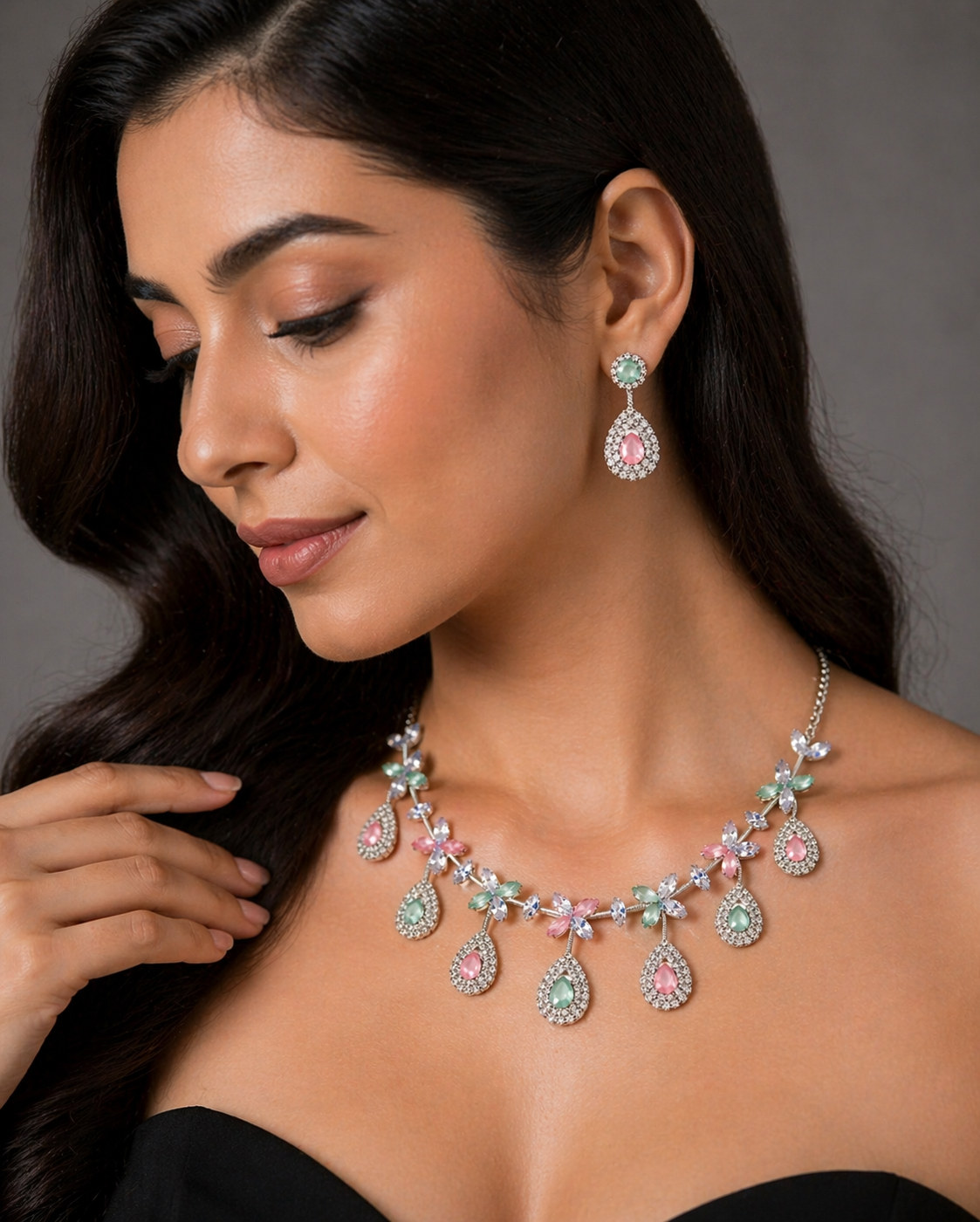 Pastel Floral Drop Necklace Set with Teardrop Earrings