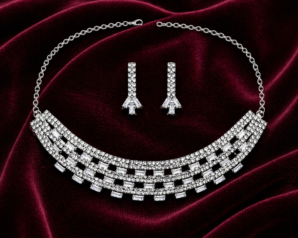 Premium Silver Stone Necklace Set with Baguette Design