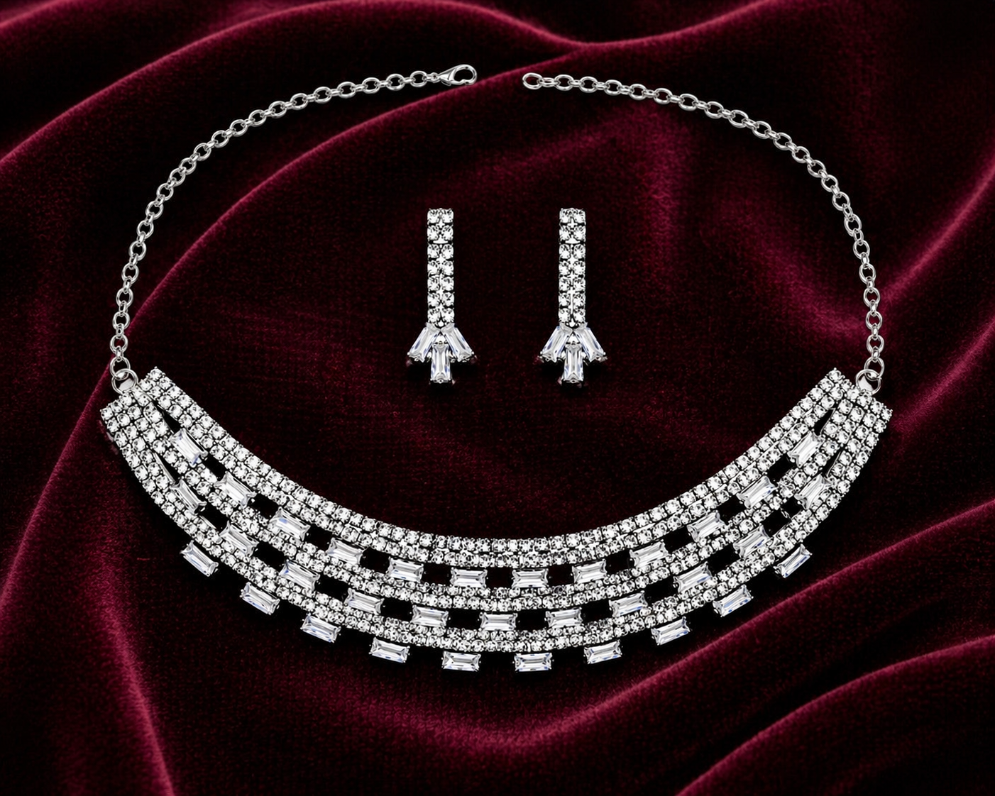 Premium Silver Stone Necklace Set with Baguette Design