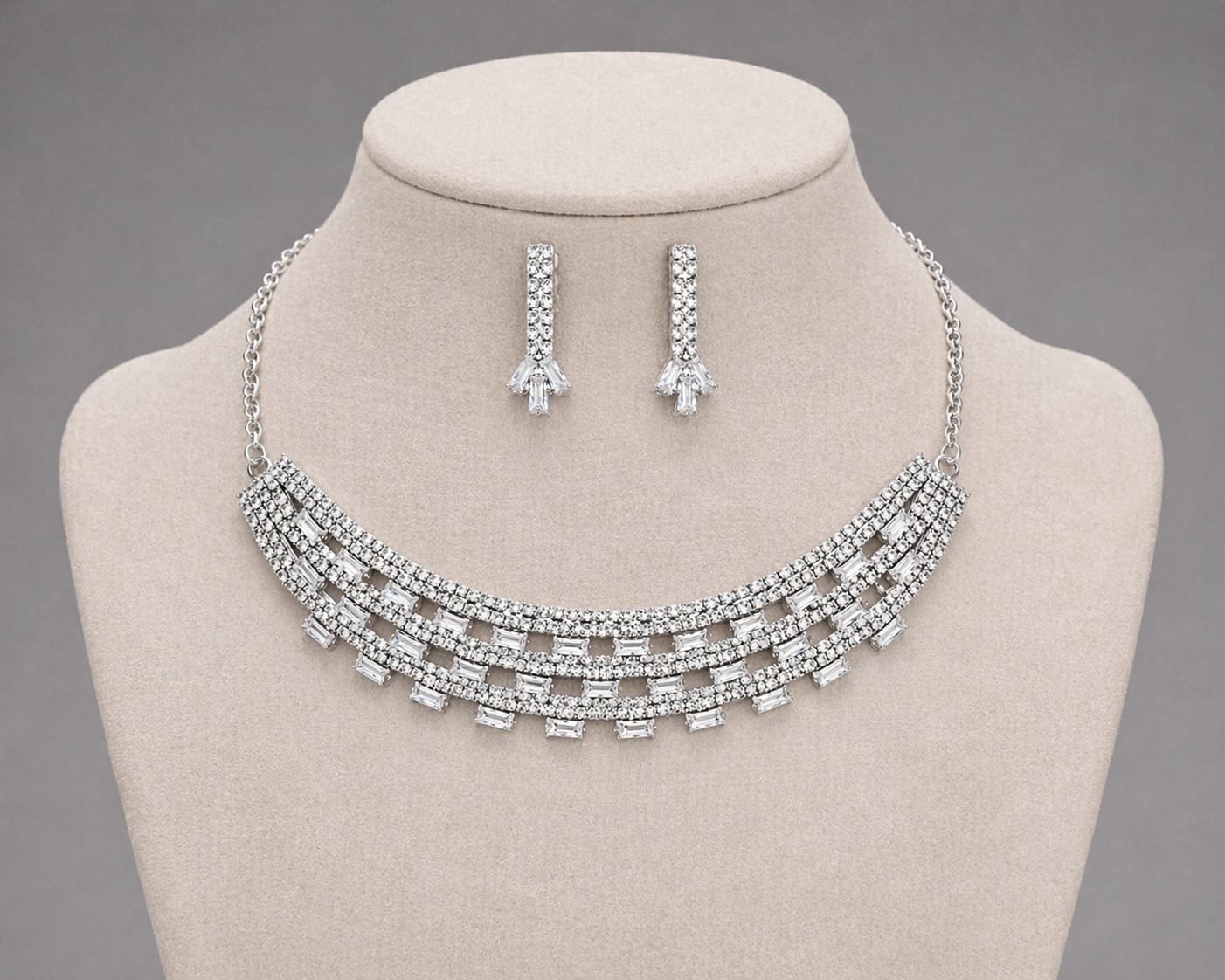 Premium Silver Stone Necklace Set with Baguette Design