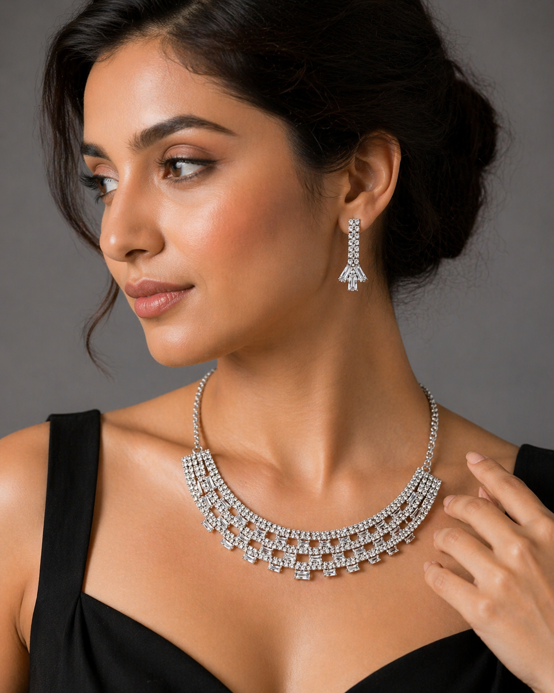Premium Silver Stone Necklace Set with Baguette Design
