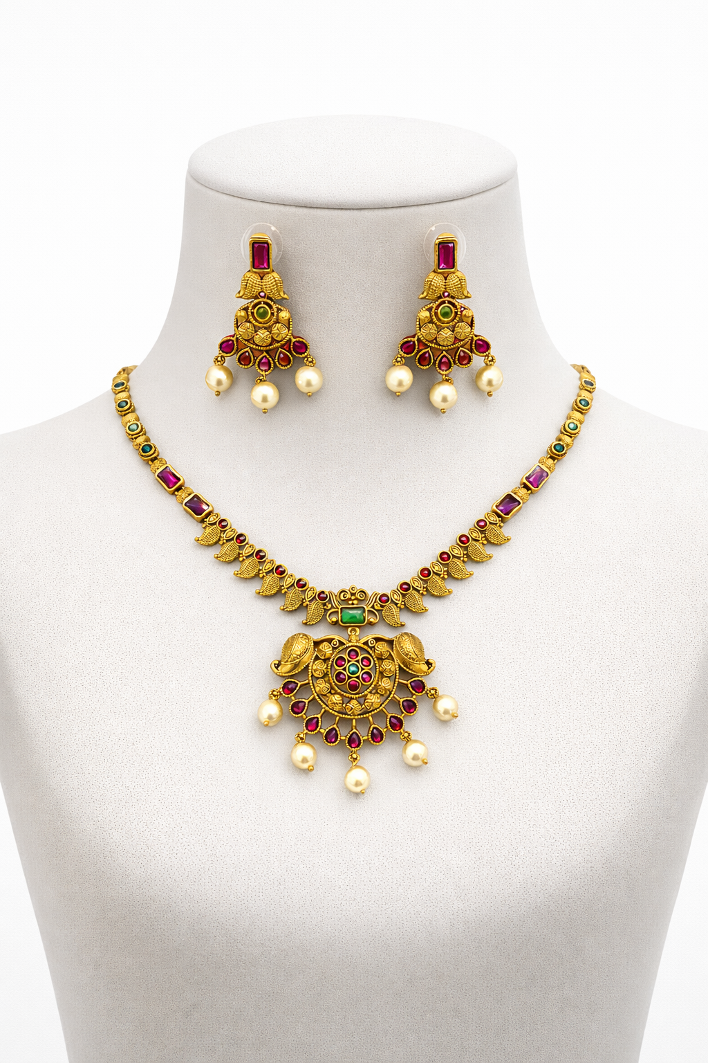 Traditional Gold Tone Necklace Set with Peacock Motif Design