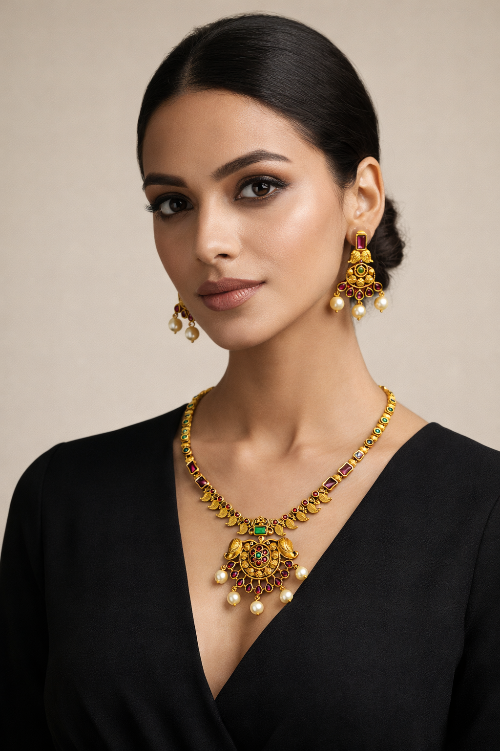 Traditional Gold Tone Necklace Set with Peacock Motif Design