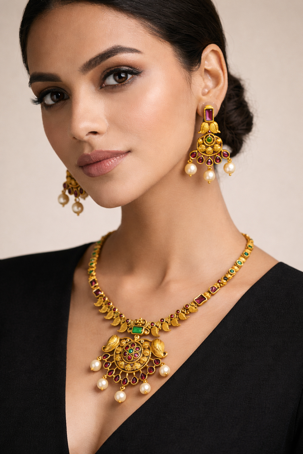 Traditional Gold Tone Necklace Set with Peacock Motif Design
