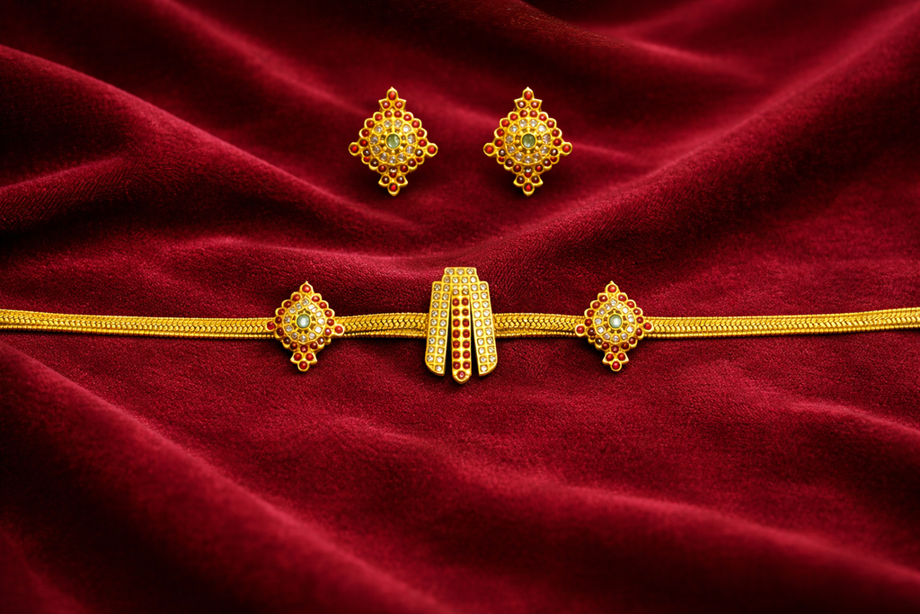 Traditional Gold Short Necklace Set with Stud Earrings