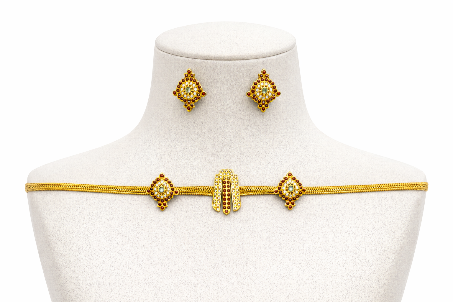 Traditional Gold Short Necklace Set with Stud Earrings