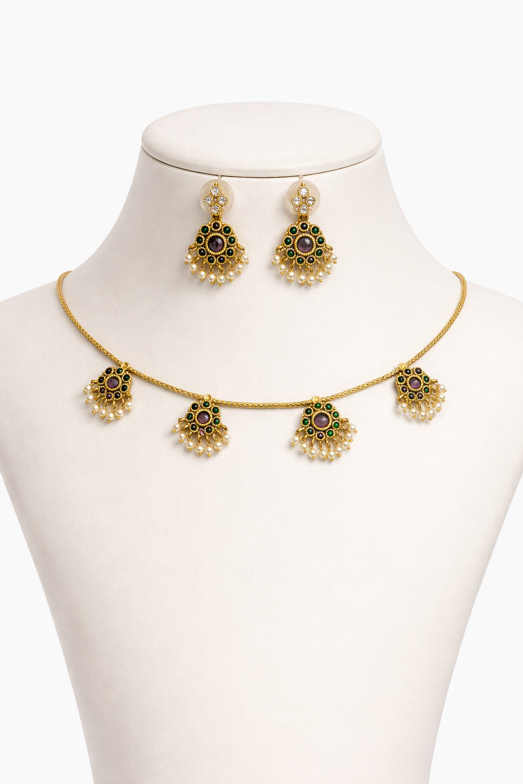 Traditional Gold Chain Necklace Set with Multicolor Motifs